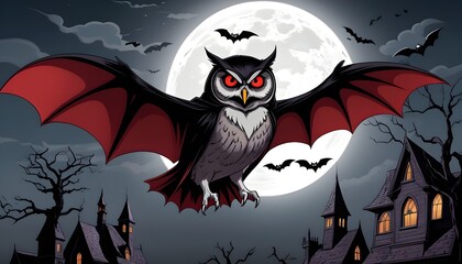  An owl dressed as a vampire with a black cape widow s peak wig fake fangs and red contact lenses against a spooky full moon background with bats flying