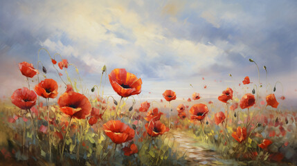 An oil painting of red poppies in a field. ..