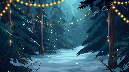 Winter is coming. Snowy night with firs, coniferous forest, light garlands, falling snow, Woodland landscape for winter and new year holidays. Holiday winter landscape. Christmas vector background. - obrazy, fototapety, plakaty