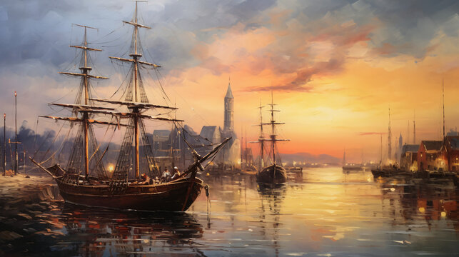 An oil painting on canvas. Evening in the seaport 