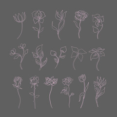Flowers set continuous line drawing, rose tattoo, print for clothes and logo design, decorative flower silhouette single line on gray background, isolated vector illustration.
