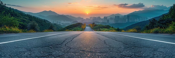 Tuinposter Asphalt highway road and modern city buildings at sunset in Shanghai © Morng