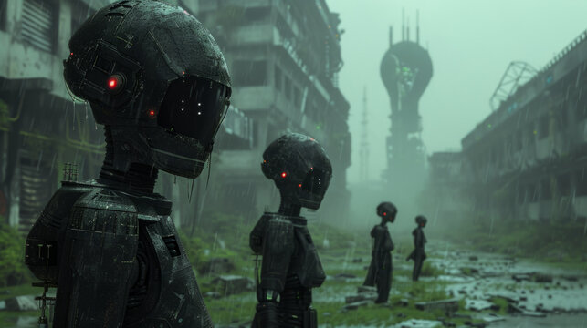 A group of humanoid robots stands in a dystopian, rundown cityscape. They exhibit a somber atmosphere against a backdrop of decaying buildings and overgrown vegetation