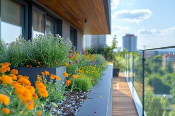 Fototapeta na wymiar Urban Oasis: Blooming Balcony Garden in the City Skyline