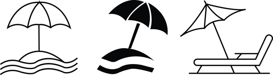 Set of beach umbrella and chair flat icons isolated on white background, sunbed and umbrella, sea, icon for vacationers, vector © shahar yar