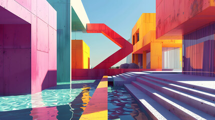 3d render of a modern building - Bold, geometric architectural design with clean lines and vibrant colors - Generated by AI