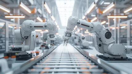 Robot arms within an industrial manufacturing plant. The assembly line is equipped with advanced automation technology. Bright lighting illuminates the clean, modern facility.