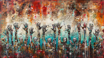 Abstract painting featuring raised hands among colorful backdrop with cog and gear motifs suggesting unity and mechanical chaos