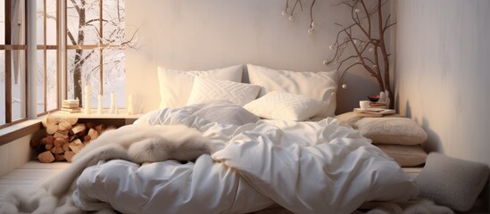 Fototapeta na wymiar Bed with cozy white pillows