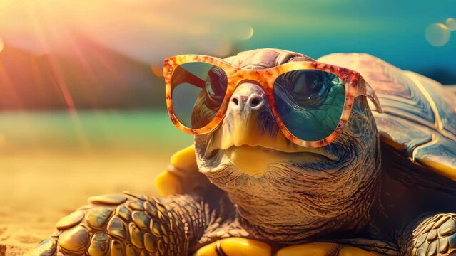 Summer concept. Turtle wear sunglasses on beach abstract background. Generative ai.