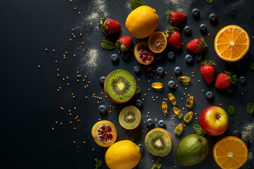 Vitamintabletten Obst auf einen Tisch, KI generiert