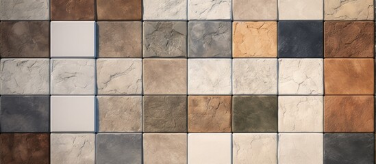 The picture shows a variety of tiles including brown, grey, and beige hues in rectangular shapes. The flooring and wall tiles create symmetry with different tints and shades - Powered by Adobe