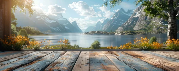 Fototapete Reinefjorden Beautiful scenery: empty white wooden table, Reine, Lofoten, Norway, blurred bokeh out of an open window, product display, defocus bokeh, blurred background with sunlight. product display template