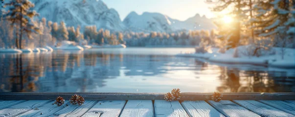 Photo sur Plexiglas Europe du nord Beautiful scenery: empty white wooden table, Reine, Lofoten, Norway, blurred bokeh out of an open window, product display, defocus bokeh, blurred background with sunlight. product display template