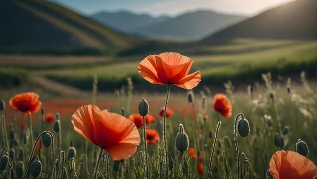 Open bud of red poppy flower in the field at mountainous countryside