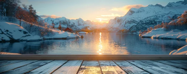 Washable wall murals Reinefjorden Beautiful scenery: empty white wooden table, Reine, Lofoten, Norway, blurred bokeh out of an open window, product display, defocus bokeh, blurred background with sunlight. product display template