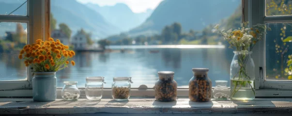 Tuinposter Reinefjorden Beautiful scenery: empty white wooden table, Reine, Lofoten, Norway, blurred bokeh out of an open window, product display, defocus bokeh, blurred background with sunlight. product display template