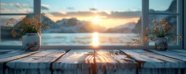 Beautiful scenery: empty white wooden table, Reine, Lofoten, Norway, blurred bokeh out of an open window, product display, defocus bokeh, blurred background with sunlight. product display template
