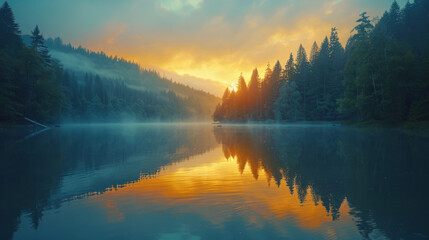 Sunrise over a misty lake surrounded by a forest with reflections on the water.