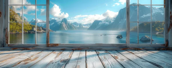 Wall murals Reinefjorden Beautiful scenery: empty white wooden table, Reine, Lofoten, Norway, blurred bokeh out of an open window, product display, defocus bokeh, blurred background with sunlight. product display template