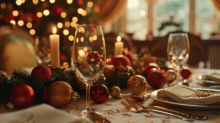 Elegant holiday dinner table setting with golden and red ornaments, sparkling wine glasses, and twinkling lights in the background creating a warm festive atmosphere.