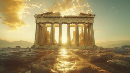 Ancient Greek temple at sunrise with golden sunlight streaming between columns on a clear day