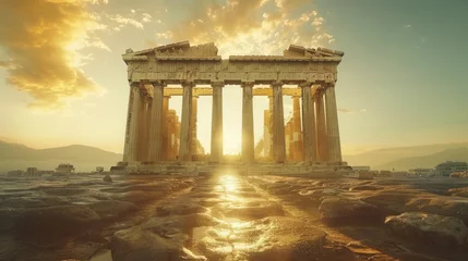 Fotobehang Ancient Greek temple at sunrise with golden sunlight streaming between columns on a clear day © ChubbyCat