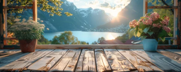 Fotobehang Reinefjorden Beautiful scenery: empty white wooden table, Reine, Lofoten, Norway, blurred bokeh out of an open window, product display, defocus bokeh, blurred background with sunlight. product display template