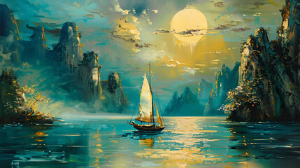 Art painting oil color sailboat  Auspiciousness  