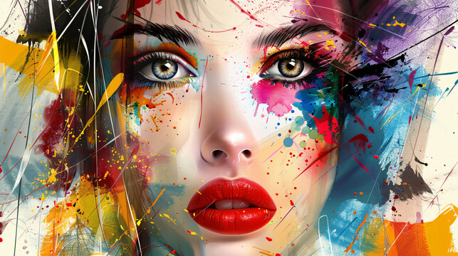 Art Portrait of beautiful woman with red lips and colorful face