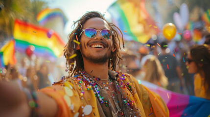 persona omosessuale  sorridente  alla parata dell'orgoglio con bandiere LGBTq - obrazy, fototapety, plakaty