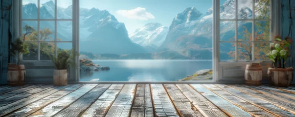 Foto auf Acrylglas Reinefjorden Beautiful scenery: empty white wooden table, Reine, Lofoten, Norway, blurred bokeh out of an open window, product display, defocus bokeh, blurred background with sunlight. product display template