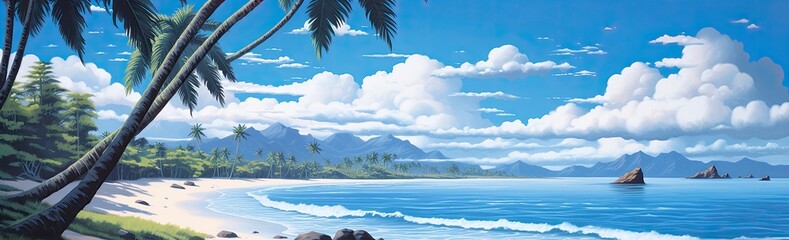 Picture-perfect palm trees sway gently on a tropical beach, framing a scene of paradise.
