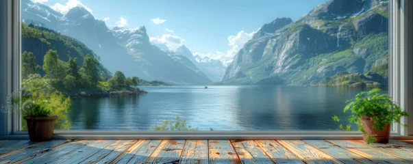 Washable wall murals Reinefjorden Beautiful scenery: empty white wooden table, Reine, Lofoten, Norway, blurred bokeh out of an open window, product display, defocus bokeh, blurred background with sunlight. product display template