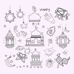 Set of symbols and icons for holy Ramadan doodle line art hand drawn vector illustration.