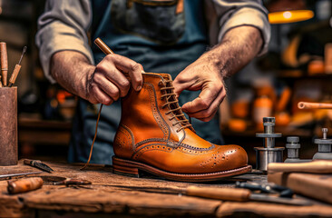 Artisan Shoemaker Handcrafting a Leather Boot in a Workshop
 - obrazy, fototapety, plakaty