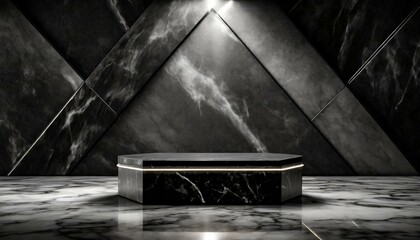 A sleek, black marble podium mockup with a single spotlight highlighting the empty platform