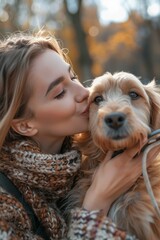 Close-up portrait of young beautiful girl hugging and kissing her cute dog while walking in autumn park. Love and affection between owner and pet.