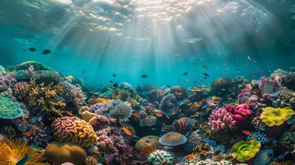Fototapeta na wymiar Sunbeams penetrate the ocean surface, illuminating a vibrant coral reef bustling with marine life.