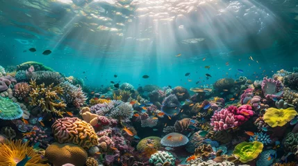 Foto op Aluminium Sunbeams penetrate the ocean surface, illuminating a vibrant coral reef bustling with marine life. © Netsai