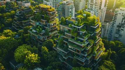 Obraz premium Aerial view of a modern, sustainable residential building complex with lush greenery on balconies and roofs, seamlessly blending with the surrounding urban environment.