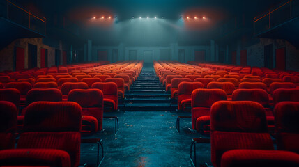 Red Theater Seats Under Dramatic Lighting