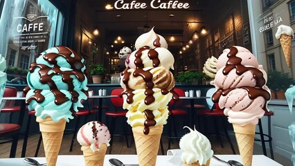 Fresh delicious ice cream in window of modern stylish cafe. Pleasure and rest