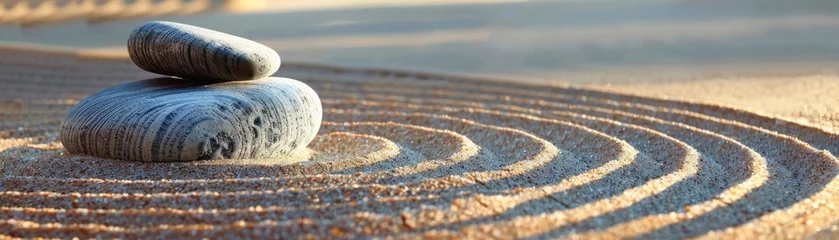 Foto op Plexiglas Stenen in het zand Two smooth stones stacked in a Zen garden with circular sand patterns around them, during sunrise or sunset.