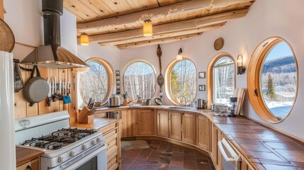 Rustic Kitchen Interior With Wood Cabinetry and Round Windows in Daylight. Kitchen interior with wooden furniture. Round windows in the kitchen. mountain shelter - obrazy, fototapety, plakaty