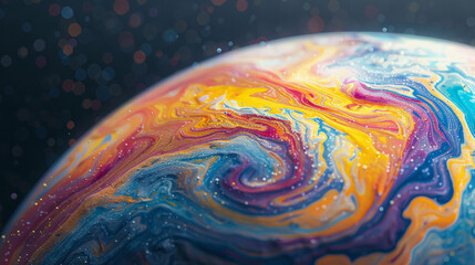 Close-up of a vibrant, swirling mix of colors resembling a planetary body, with a bokeh effect in the background suggesting a cosmic setting.