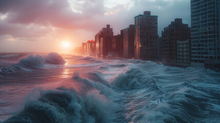 High-rise buildings line the shore as tumultuous waves crash under a dramatic sunset sky.