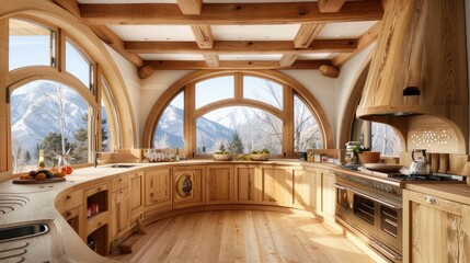 Rustic Kitchen Interior With Wood Cabinetry and Round Windows in Daylight. Kitchen interior with wooden furniture. Round windows in the kitchen. mountain shelter - obrazy, fototapety, plakaty