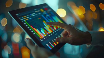 Close-up of a person's hands interacting with a tablet displaying colorful financial charts and graphs, illuminated by ambient light with a blurred background. - obrazy, fototapety, plakaty