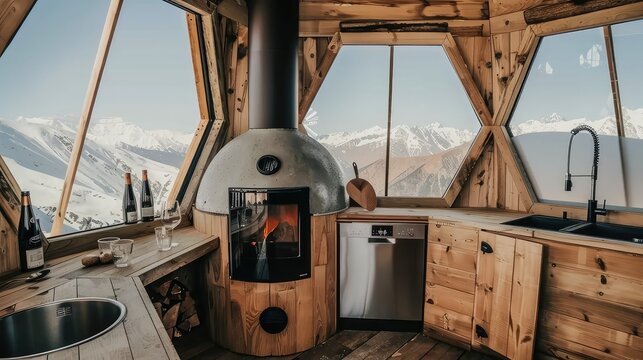 Kitchen interior with wooden furniture. Round windows in the kitchen. mountain shelter